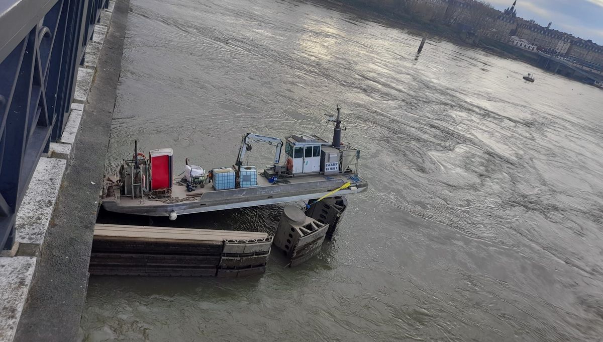 Bordeaux : une barge coincée sous le pont de pierre, piégée par la marée