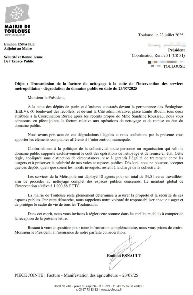 1 900 euros pour du fumier : la mairie de Toulouse veut faire payer la Coordination Rurale