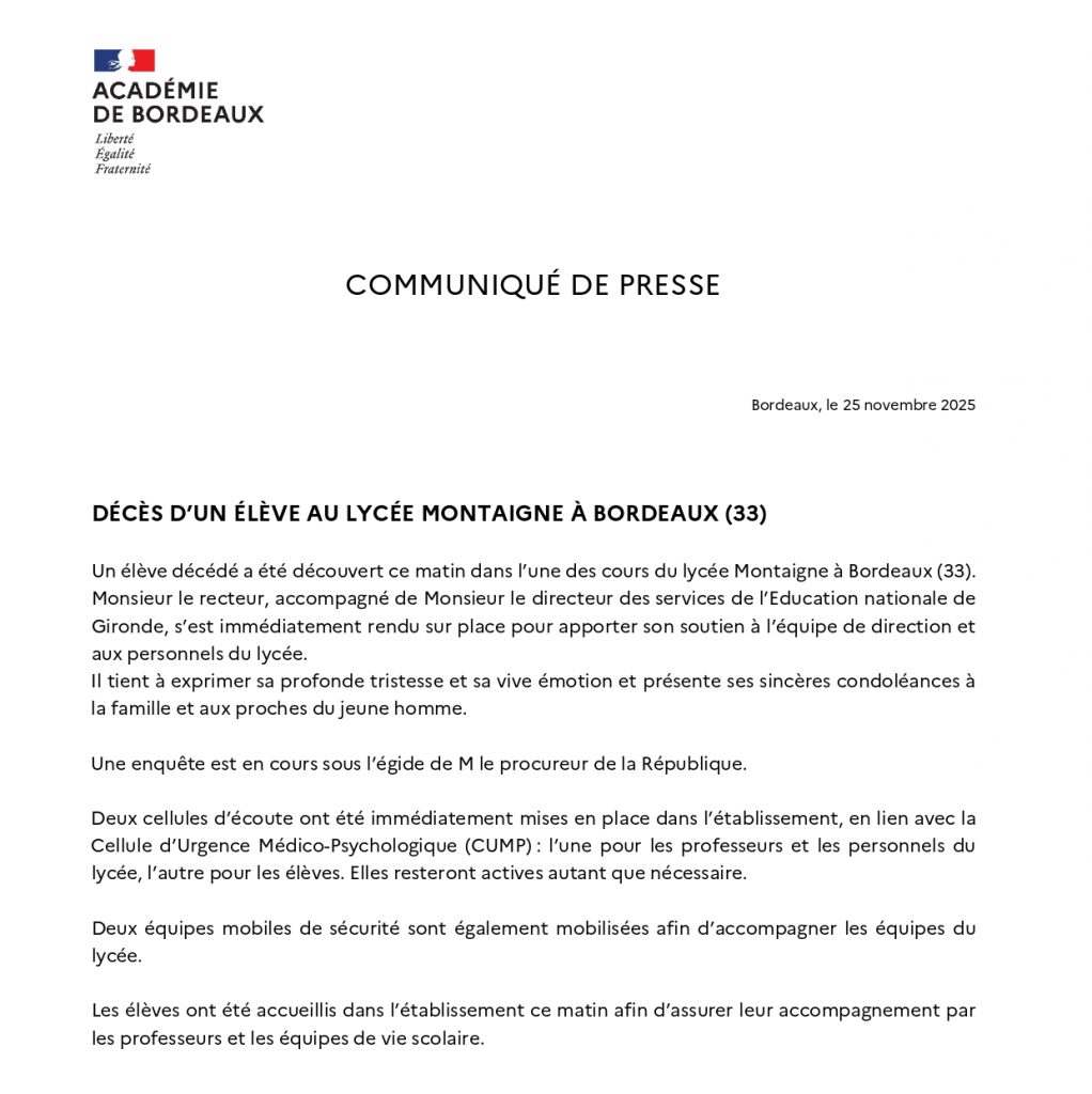 Tragédie au lycée Michel-Montaigne : enquête en cours après la mort d’un adolescent dans l’établissement